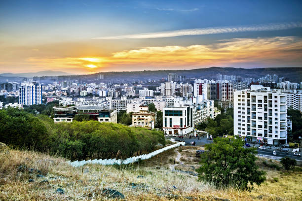 Home beautiful evening sky during sunset in the city.